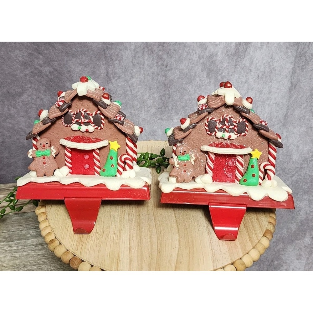 Gingerbread House Christmas Stocking Holders Fireplace Mantle Holder Clay 2 Pc